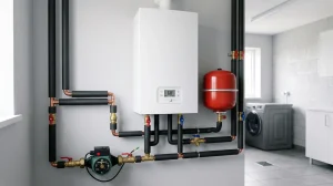 Jaký elektrokotel vybrat: Průvodce výkonem, spotřebou a zapojením 5 Moderní závěsný elektrokotel s expanzní nádobou a oběhovým čerpadlem v technické místnosti
