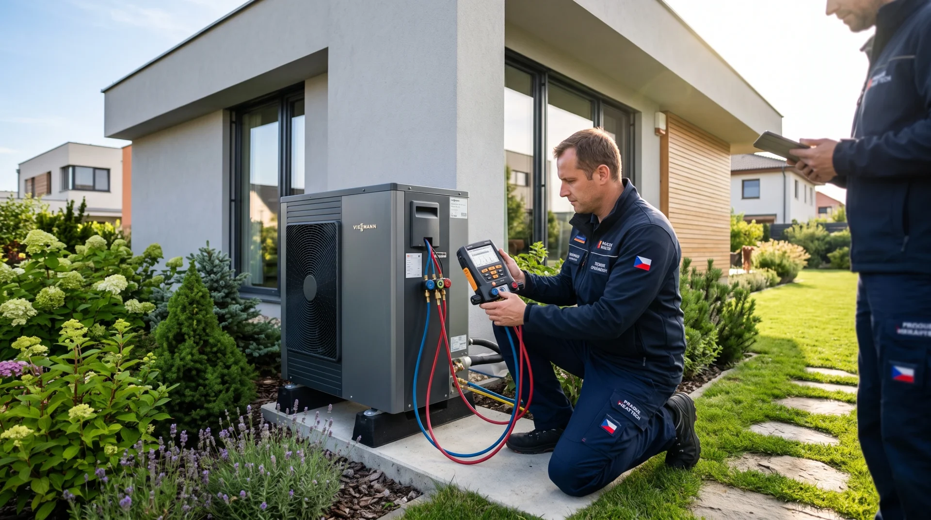 Servisní technik provádějící kontrolu venkovní jednotky tepelného čerpadla u rodinného domu