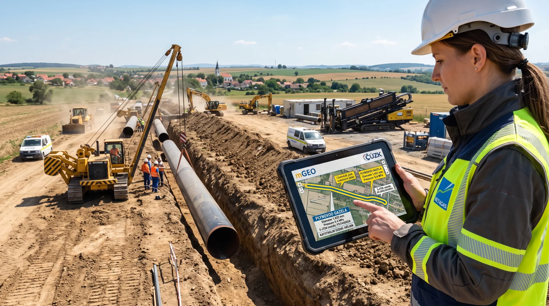 GridServices existence sítí: Žádost o vyjádření a postup krok za krokem 1 Stavební inženýr kontrolující digitální mapu podzemních inženýrských sítí na stavbě